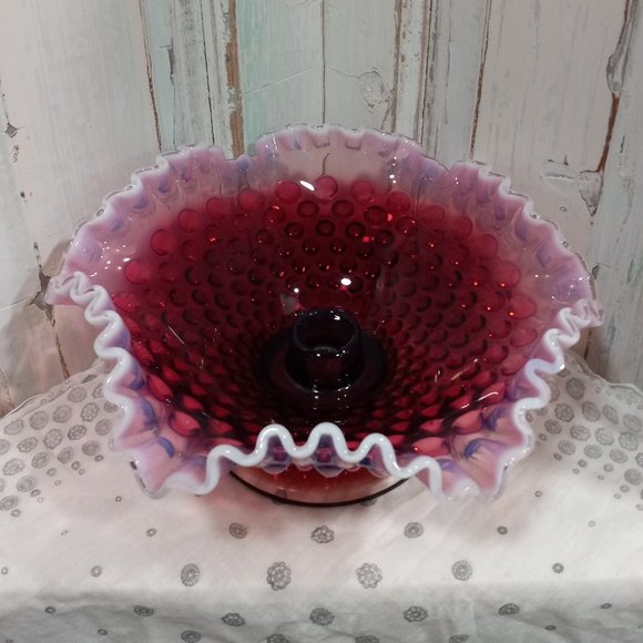 Fenton Plum Opalescent Hobnail Candlestick Holding Bowl - Picture 2 of 10